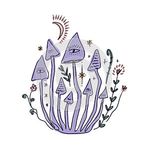 Vector mystical groovy whimsical doodle witchy mushroom family and celestial characters, esoteric objects. Hand-drawn