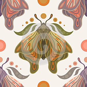 Vector mystical seamless pattern with moths, leaves and moons on white background. Gentle colorful texture with butterflies