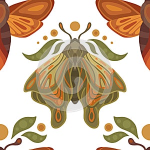 Vector mystical seamless pattern with moths, leaves and moons on white background. Gentle colorful texture with butterflies