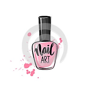 Vector nail polish bottle. Handwritten lettering about nails and manicure