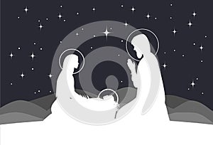 Vector nativity scene. Mary with Jesus, and Joseph silhouette