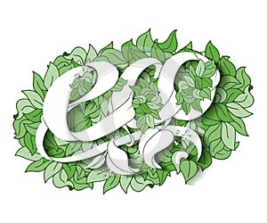 Vector natural, organic lettering on hand drawn leaves background
