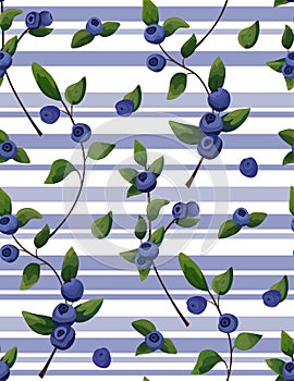 Vector natural Seamless pattern of blueberry branch, forest fruit with green leaves greenery watercolor style wallpaper