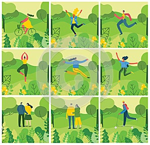 Vector Nature ECO background with different people, couple doing activities, walking and have a rest outdoor