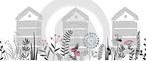 Vector nature seamless background with hand drawn wild herbs, flowers and leaves on white. Doodle style cartoon floral