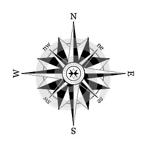 Vector nautical compass silhouette. Navigation map sign. Wind rose icon. Horizon sides: north south west east