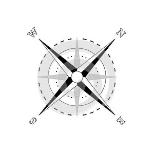 Vector nautical compass silhouette. Navigation map sign. Wind rose icon. Horizon sides: north south west east