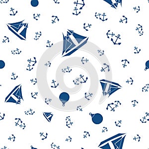 Vector nautical design with blue sailing boats, anchors and buoys. Seamless repeat pattern on white background. For