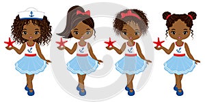 Vector Nautical Little African American Girls with Starfish
