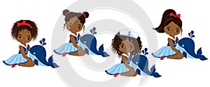 Vector Nautical Little African American Girls with Whales