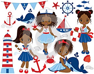 Vector Nautical Set with Cute Little African American Girls, Whales and Crabs