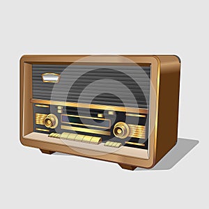 Vector neat accurate illustration of vintage old radio. Classic old radio in a wooden case. Realistic retro old radio on white