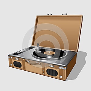 Vector neat accurate illustration of vintage turntable. Record player vinyl record. Realistic retro old turntable on white