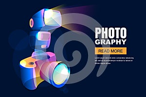 Vector neon 3d illustration of digital photo camera with flash. Photo studio or photo goods poster, banner background.