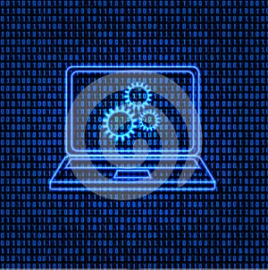 Vector Neon Blue Laptop with Gears on the Screen on Matrix Data Programming Code Background.