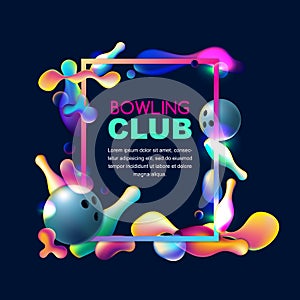 Vector neon bowling background. Frame with multicolor 3d bowling balls and pins on black background.