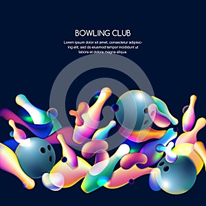 Vector neon bowling background with multicolor 3d bowling balls and pins. Abstract illustration on black background.