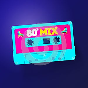 Vector Neon Cassette With Retro Label, Vintage 80s Revival Mix Tape Design