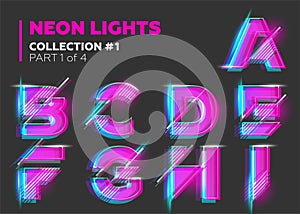 Vector Neon Character Typeset. Glowing Letters on Dark
