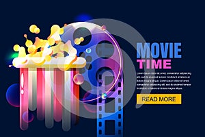 Vector neon cinema and home movie time concept. Film reel and popcorn modern illustration. Sale cinema theatre tickets.