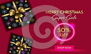 Vector Neon, Elegant, Luxury Merry Christmas Sale Banner with the Discount.