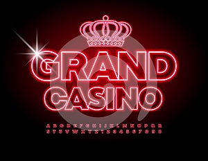 Vector neon emblem Grand Casino. Bright Red Alphabet