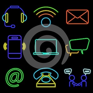 Vector neon flat design icon set of communication symbol, like wi-fi, smarphone, headphone, mail and more illustration