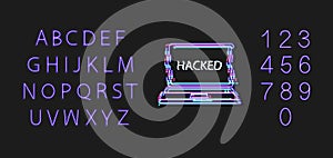Vector Neon Font and Hacked Glith Effect Laptop Icon Isolated, Glowing Illustration Template, Design Elements Set.