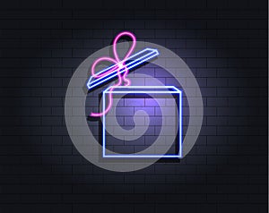 Vector Neon Gift Box, Ultraviolet Colors, Isolated Luminous Icon.