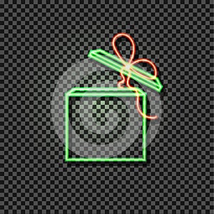 Vector Neon Green and Red Box, Glowing Icon on Transparent Background, Gift Open Box.
