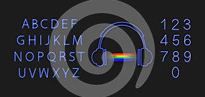 Vector Neon Headphones with Rainbow Music Abstract Sound and Glowing Blue Font, Letter and Numbers Isolated.