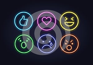 Vector neon icon set for social media. Thumb up, heart and smiles illuminated glowing symbols in circle frame isolated on black.