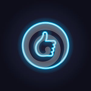 Vector neon icon for social media. Blue thumbs up like light glowing symbol in circle frame isolated on black. Emoticon element of