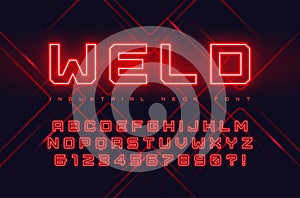 Vector neon industrial style display typeface, font, alphabet