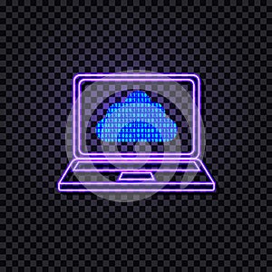 Vector Neon Laptop with Computing Cloud, Binary Code Textured Element, Glowing Lines, Ultraviolet.