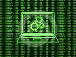 Vector Neon Laptop Icon with Gears on the Screen on Green Matrix Data Background.