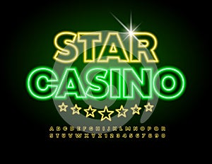 Vector neon logo Star Casino with glowing Alphabet set