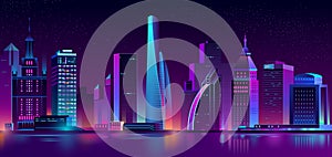 Vector neon megapolis background with buildings, skyscrapers