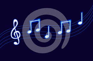 Vector Neon Melody, Blue Glowing Music Notes.