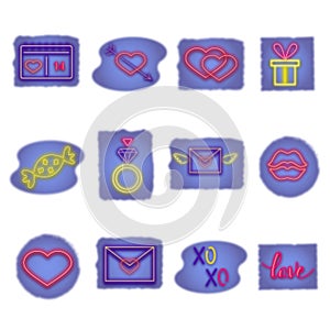 Vector neon objects and elements for Valentine`s Day, wedding, betrothal: heart, sweets,  candy,  diamond, date. Perfect for