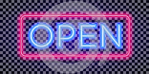 Vector neon open sign light style with colorful red frame