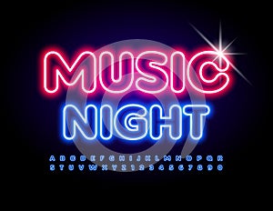 Vector neon poster Music Night. Blue Glowing Alphabet