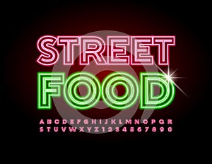 Vector neon poster Street Food. Electric light Alphabet
