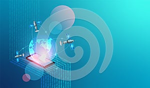 Vector network technology background. Mobile net and internet. Digital data as digits binary code connected to earth with
