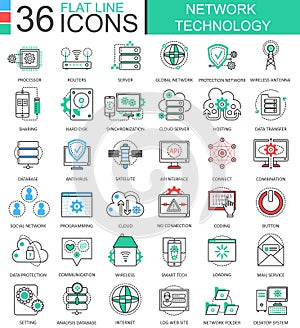 Vector Network technology modern color flat line outline icons for apps and web design.