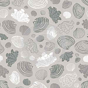 Vector neutral grey repeat pattern with variety of clam seashells. Suitable for textile, giftwrap and wallpaper.