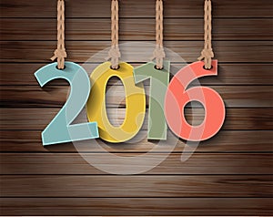 Vector new year 2016 paper greeting card on wood texture