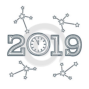 Vector new year background with clock and stars.