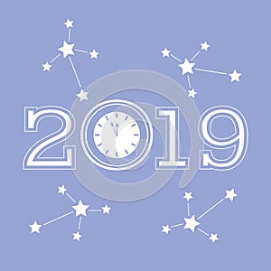 Vector new year background with clock and stars.