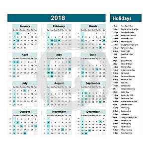 Vector of 2018 new year calendar and holidays. style blue color, Holiday event planner, Week Starts Sunday. photo